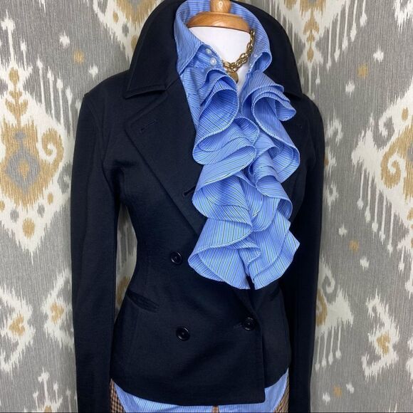 Ralph Lauren Triple Ruffle Blue Pin Stripe Cotton Stretch Jabot Blouse - Picture 10 of 16